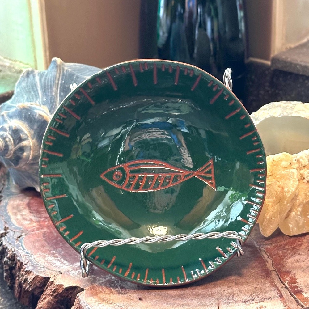 Handmade Fish Pottery Bowl, Green Terracotta Dish, Rustic Coastal Decor Signed